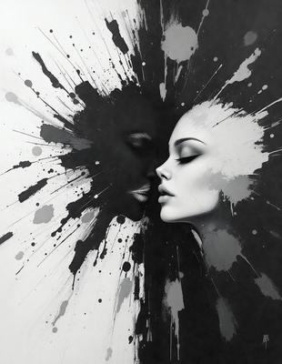 The primary subject of the image is a woman with a black face, who is kissing another woman with a white face. The setting is a black and white background, which adds a dramatic and artistic touch to the scene. The visual style is a combination of a photo and digital art, creating a unique and captivating image. The dominant colors are black and white, which contribute to the overall mood of the image, evoking a sense of mystery and intimacy.
